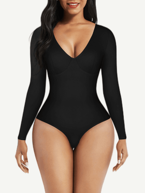 V-Neck Long Sleeve Thong Waist Control Bodysuit - EliteShapeWear