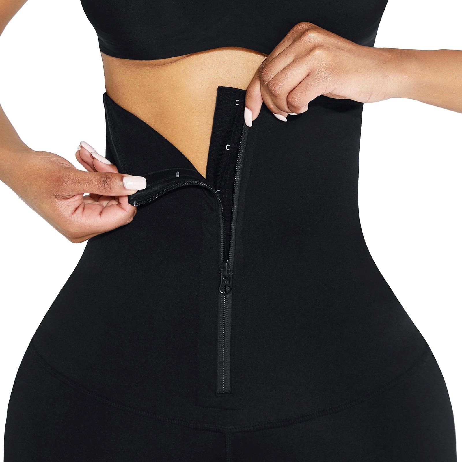 Black Waist Trainer 2-In-1 Leggings With Zipping Hourglass Figure - EliteShapeWear