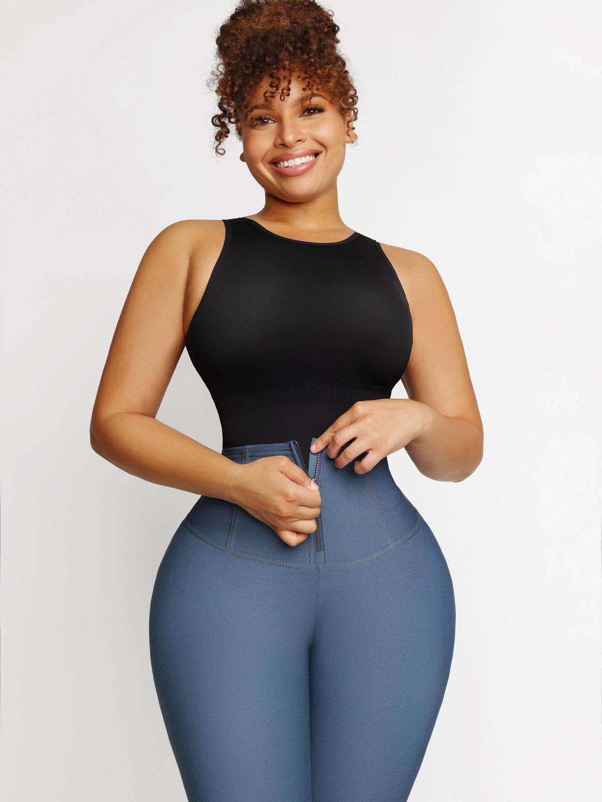 Mid-rise Faux Denim Trousers Corset Waist - EliteShapeWear