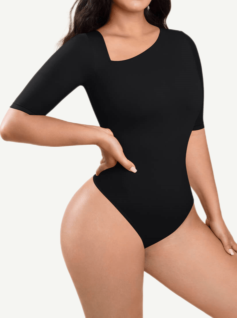 Tank Top Tight Thong Bodysuit With A Slant Cut Collar And Half Sleeves - EliteShapeWear