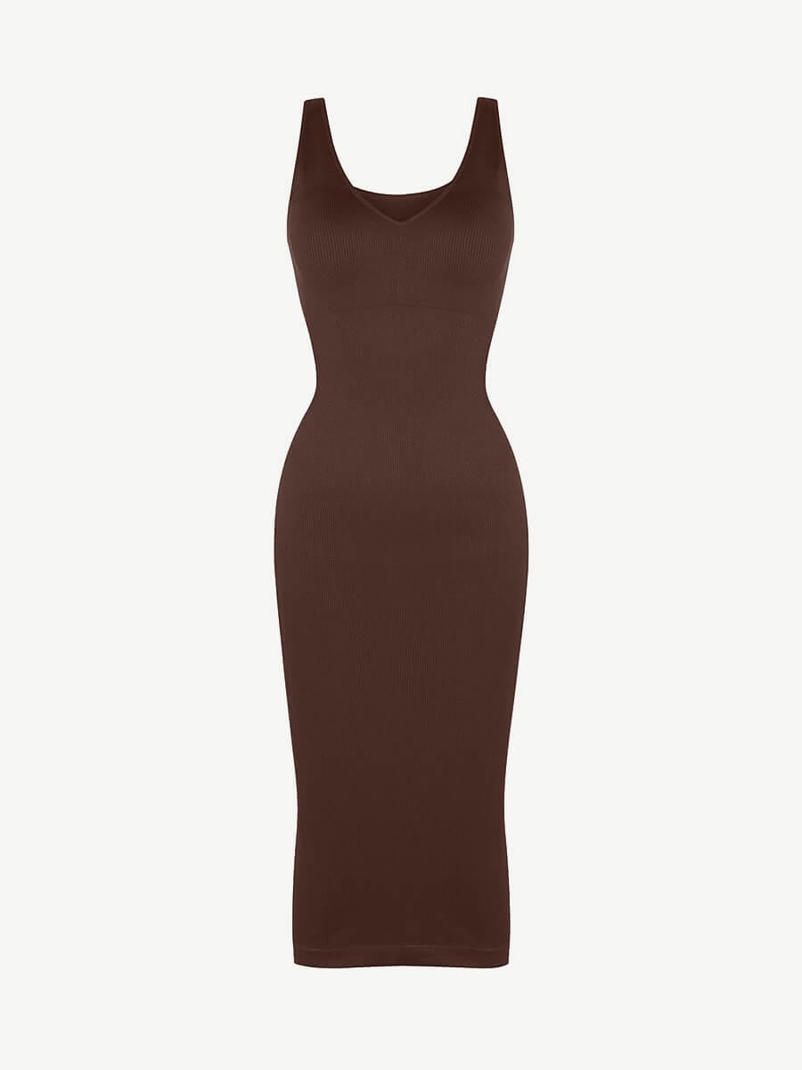 Deep V-neck Waist Trimming Shaping Dress with Removable Pads - EliteShapeWear