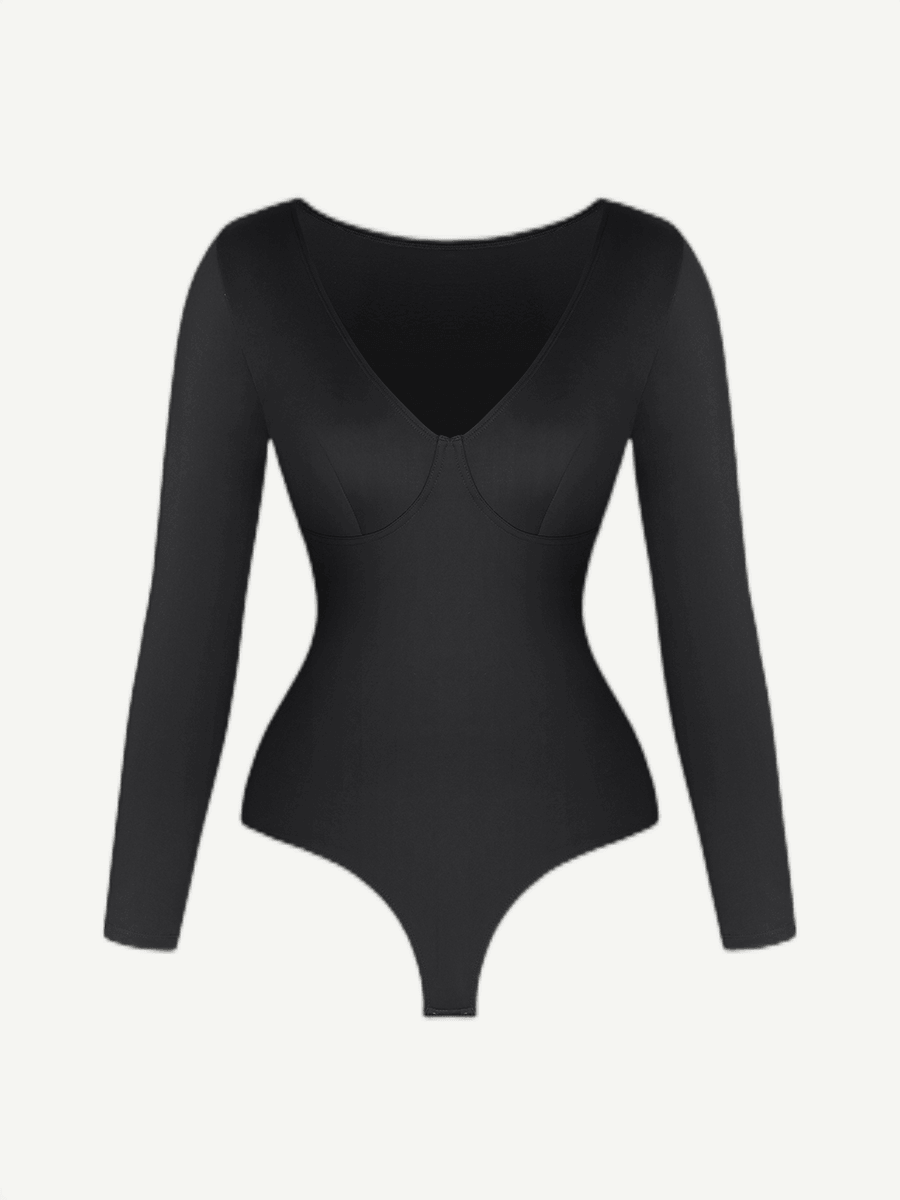 V-Neck Long Sleeve Thong Waist Control Bodysuit - EliteShapeWear