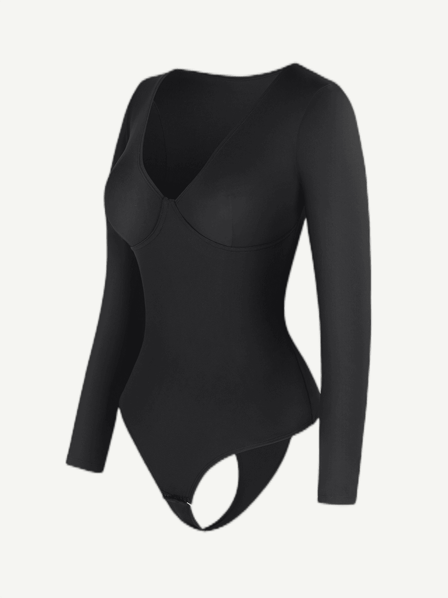 V-Neck Long Sleeve Thong Waist Control Bodysuit - EliteShapeWear