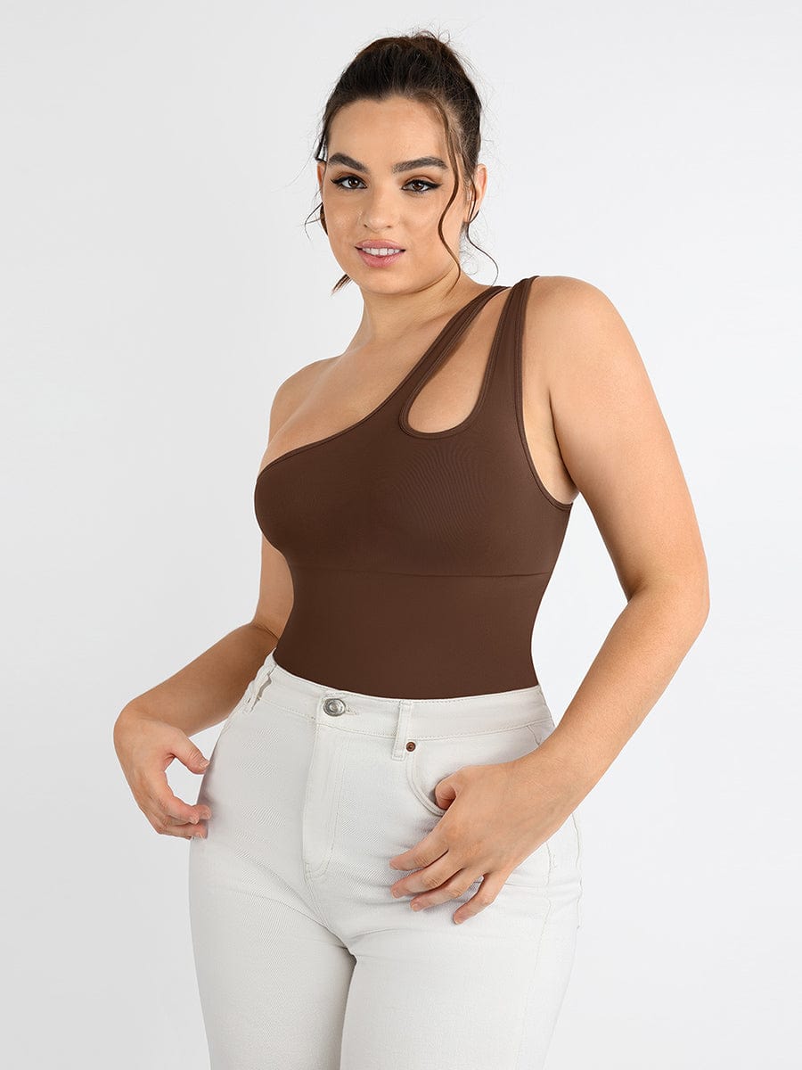 One-shoulder Cut Out Waist and Abdomen Compression Shapewear Bodysuit - EliteShapeWear