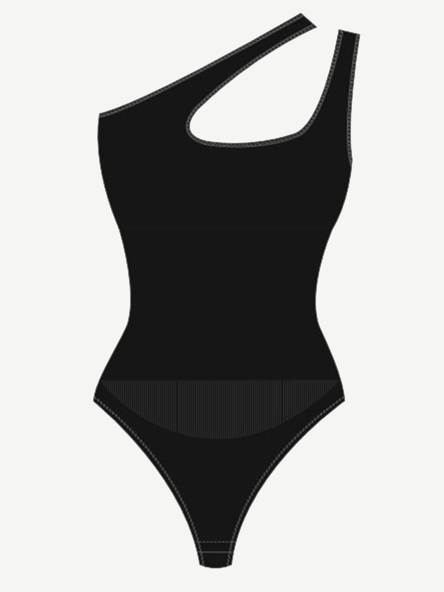 One-shoulder Cut Out Waist and Abdomen Compression Shapewear Bodysuit - EliteShapeWear